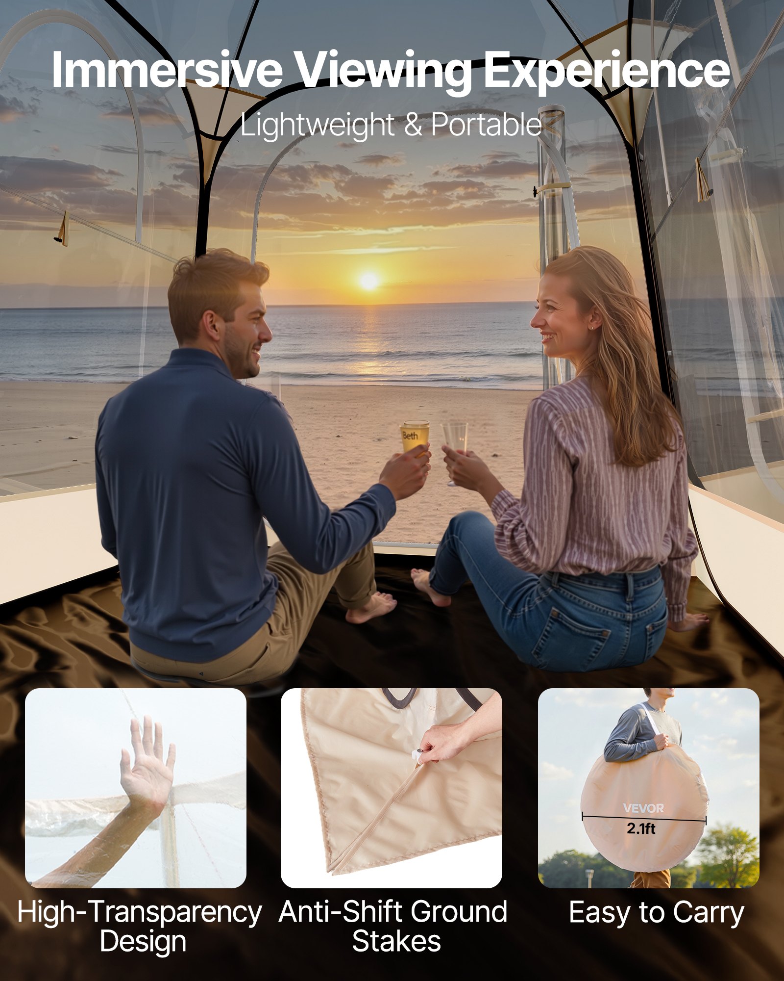 VEVOR Pop up Sports Tent, 63x63 in Clear Bubble Tent for 2-4 Persons, Waterproof Outdoor Pod with Floor Mat & Top Cover, Garden Igloo Dome Tents Camping Shelter for Events Fishing Cheering
