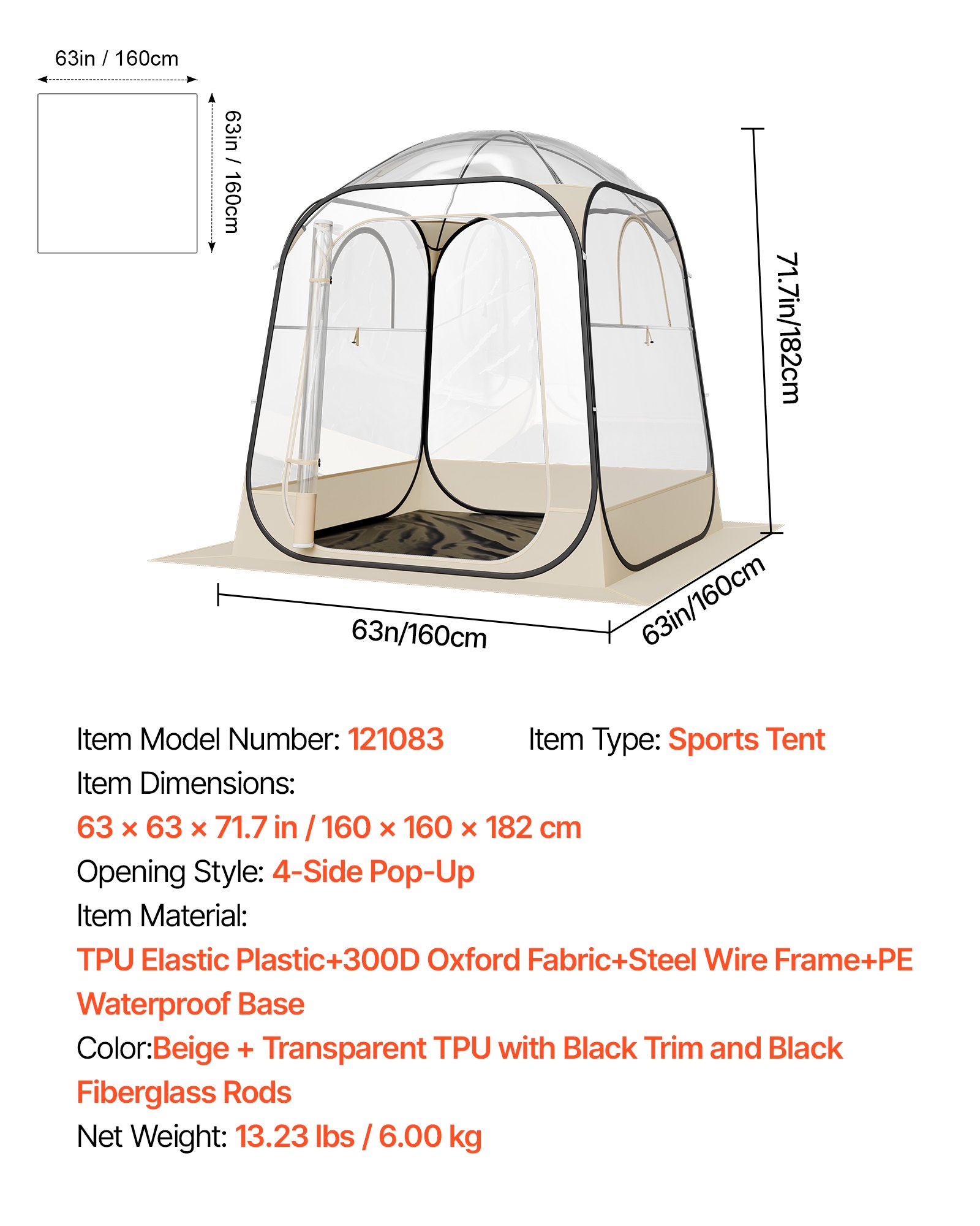 VEVOR Pop up Sports Tent, 63x63 in Clear Bubble Tent for 2-4 Persons, Waterproof Outdoor Pod with Floor Mat & Top Cover, Garden Igloo Dome Tents Camping Shelter for Events Fishing Cheering