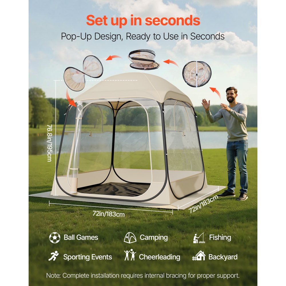 VEVOR Pop up Sports Tent, 72x72 in Clear Bubble Tent for 2-4 Persons, Waterproof Outdoor Pod with Floor Mat & Top Cover, Garden Igloo Dome Tents Camping Shelter for Events Fishing Cheering