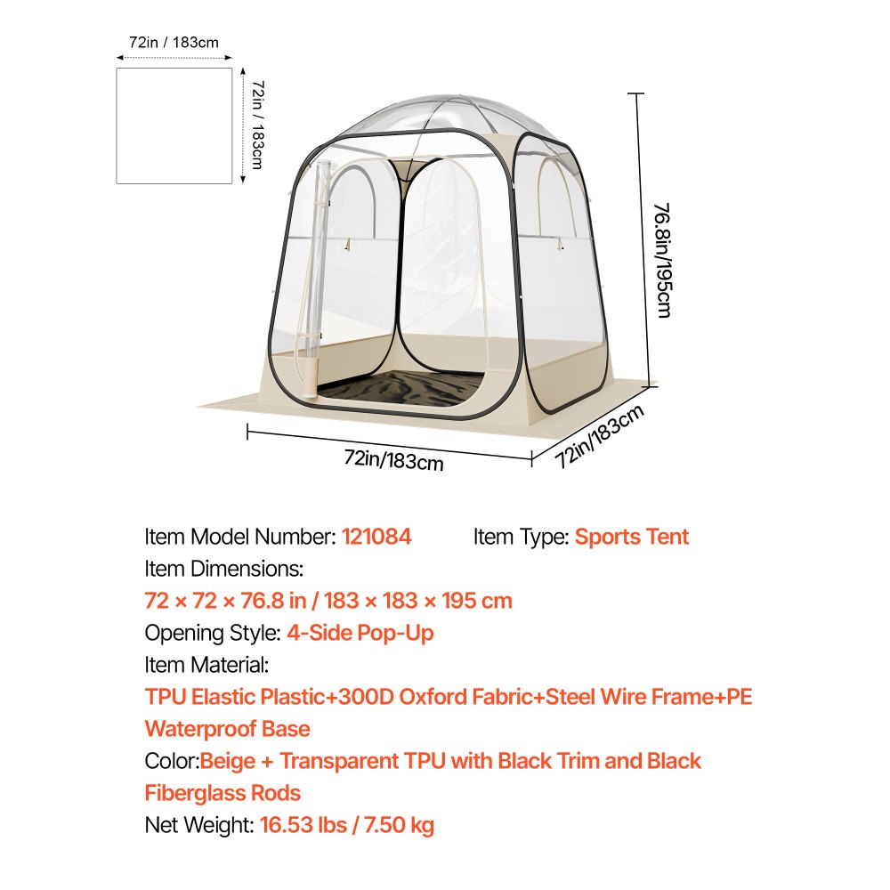 VEVOR Pop up Sports Tent, 72x72 in Clear Bubble Tent for 2-4 Persons, Waterproof Outdoor Pod with Floor Mat & Top Cover, Garden Igloo Dome Tents Camping Shelter for Events Fishing Cheering
