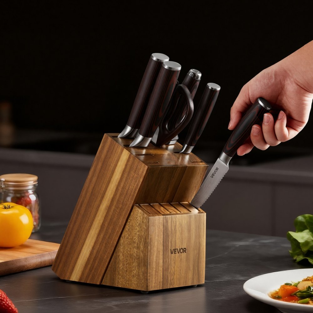 VEVOR Kitchen Knife Set with Block and Sharpener, 15 Piece High Carbon Stainless Steel Knife Set, Rust-Resistant Kitchen Cutlery with Ergonomic Handle, Sharpening Rod & Premium Wooden Block, for Home