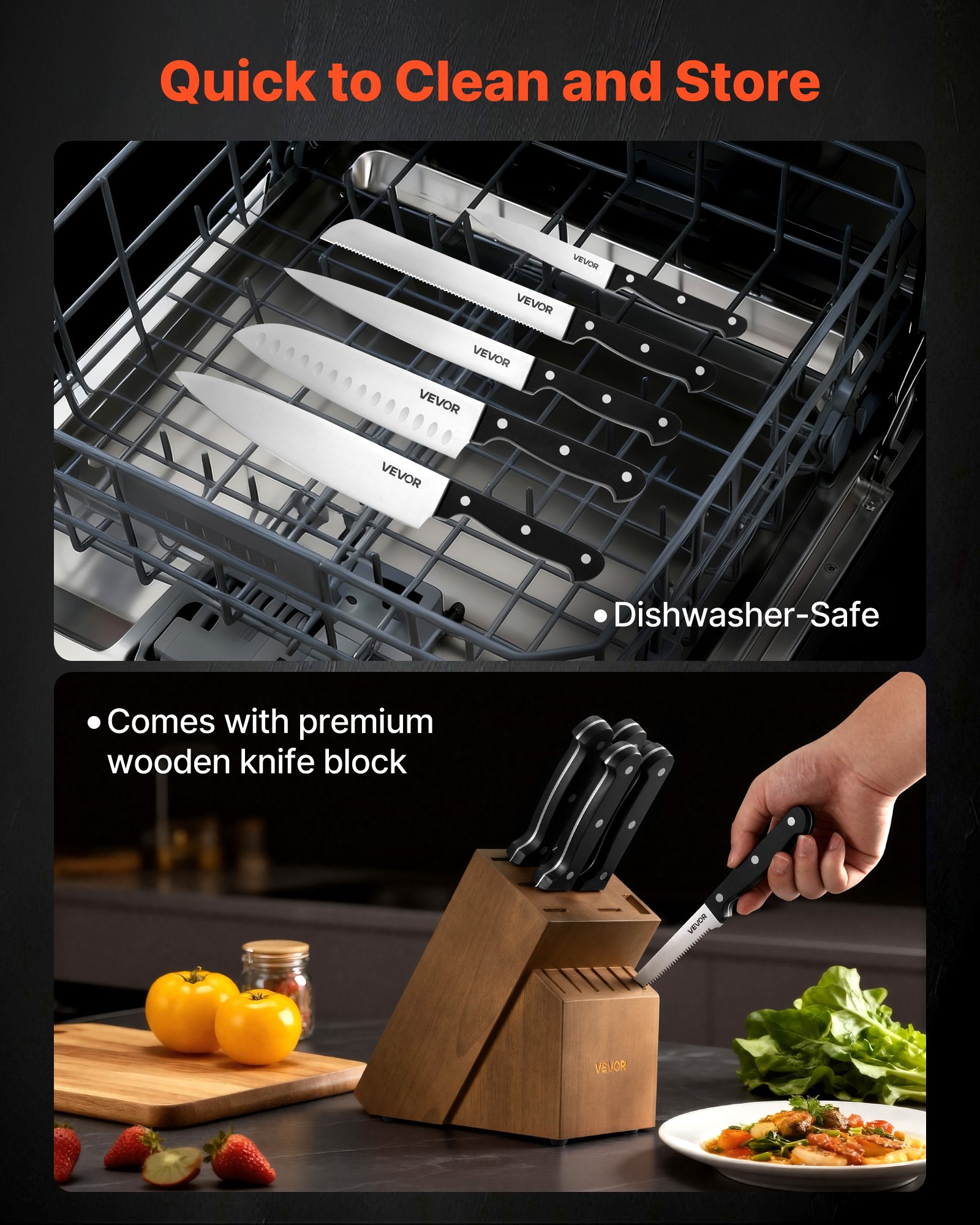 VEVOR Kitchen Knife Set with Block and Sharpener, 15 Piece German High Carbon Stainless Steel Knife Set, Kitchen Cutlery with ABS Ergonomic Handle, Sharpening Rod and Wooden Block, for Home Cooks