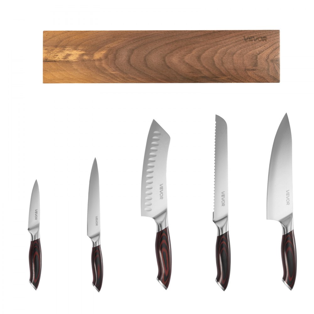 VEVOR Kitchen Knife Set, 6 Piece High Carbon Stainless Steel Sharp Knife Set, Professional Kitchen Cutlery with Ergonomic Crack-Resistant Handle, and Walnut Finish Powerful Magnetic Knives Holder