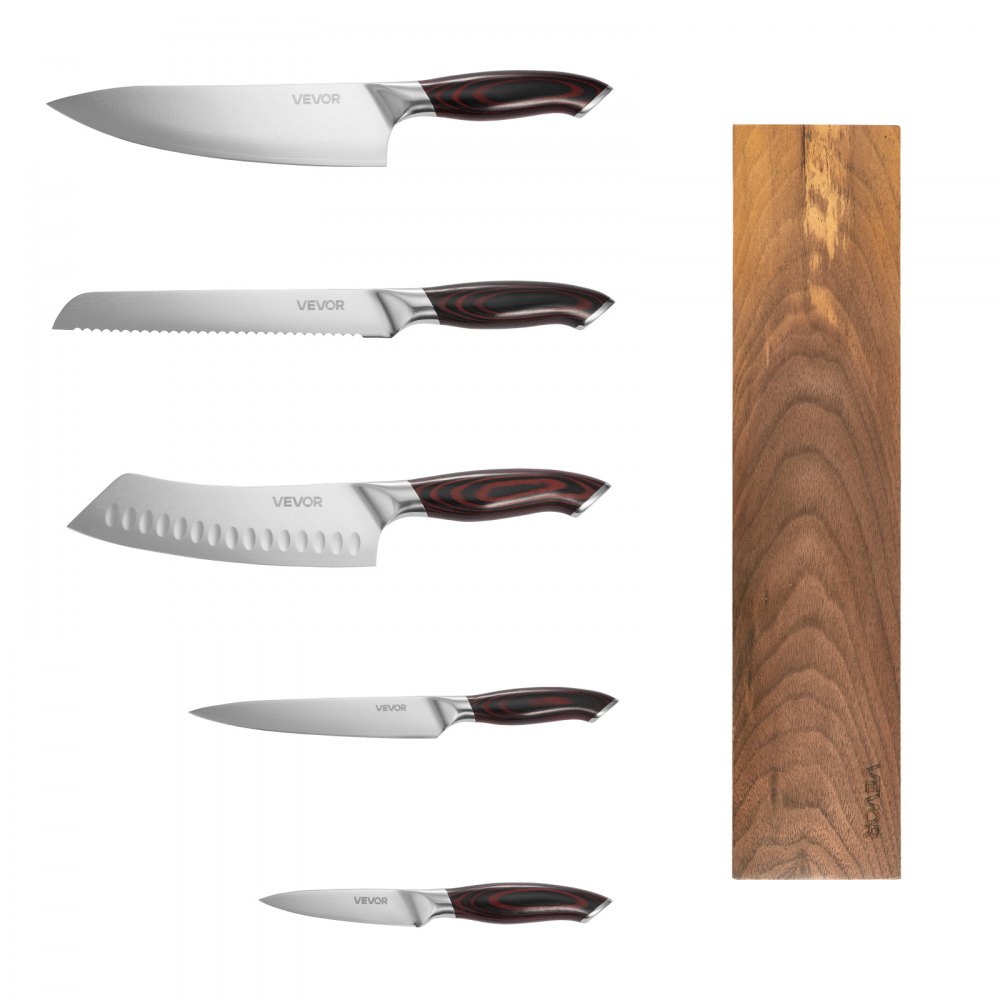 VEVOR Kitchen Knife Set, 6 Piece High Carbon Stainless Steel Sharp Knife Set, Professional Kitchen Cutlery with Ergonomic Crack-Resistant Handle, and Walnut Finish Powerful Magnetic Knives Holder