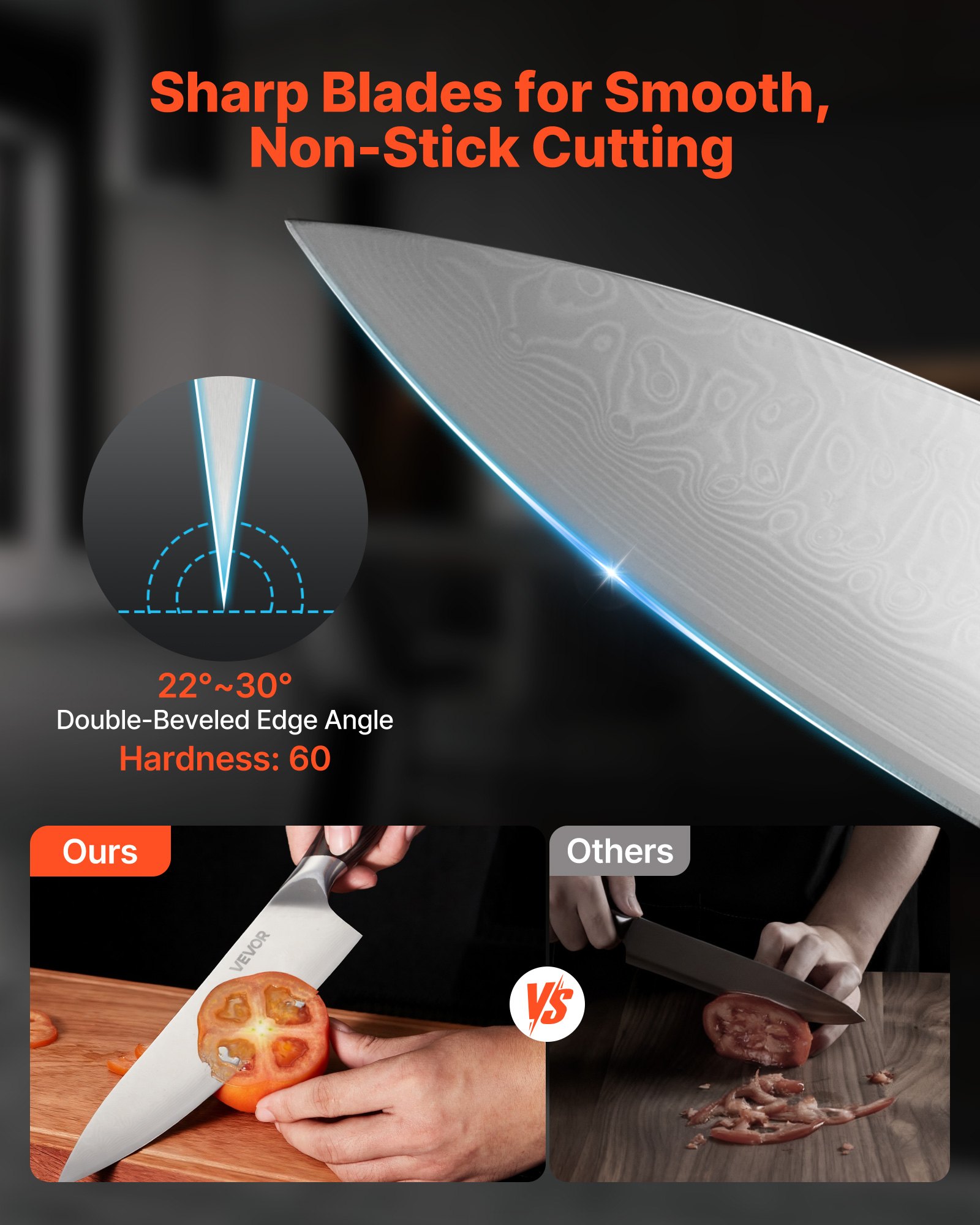 VEVOR Kitchen Knife Set, 6 Piece High Carbon Stainless Steel Sharp Knife Set, Professional Kitchen Cutlery with Ergonomic Crack-Resistant Handle, and Walnut Finish Powerful Magnetic Knives Holder