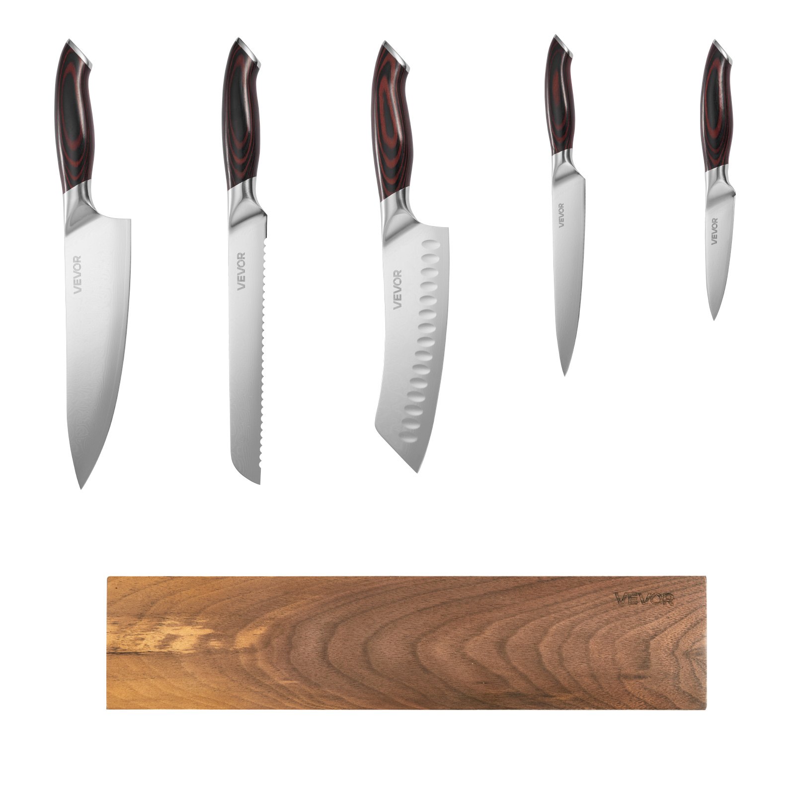 VEVOR Kitchen Knife Set, 6 Piece High Carbon Stainless Steel Sharp Knife Set, Professional Kitchen Cutlery with Ergonomic Crack-Resistant Handle, and Walnut Finish Powerful Magnetic Knives Holder