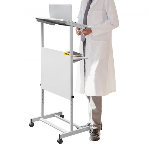 VEVOR Standing Lectern, Height Adjustment Portable Pulpit, 4 Rolling Casters Lectern Podium Stand, Lower Storage Shelf floor Lectern Podium, White Lecterns & Podiums for Classroom, Concert, Church