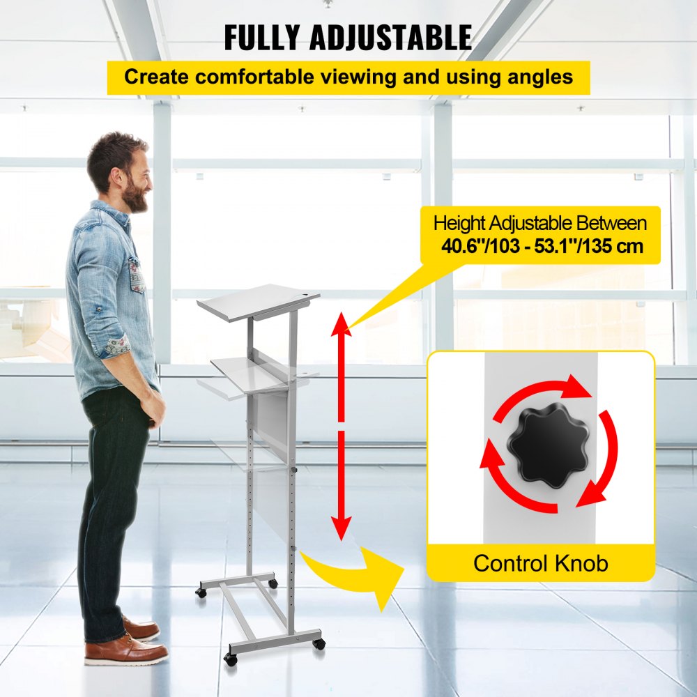 VEVOR stand up lectern with adjustable height feature and control knob, standing in a modern room.