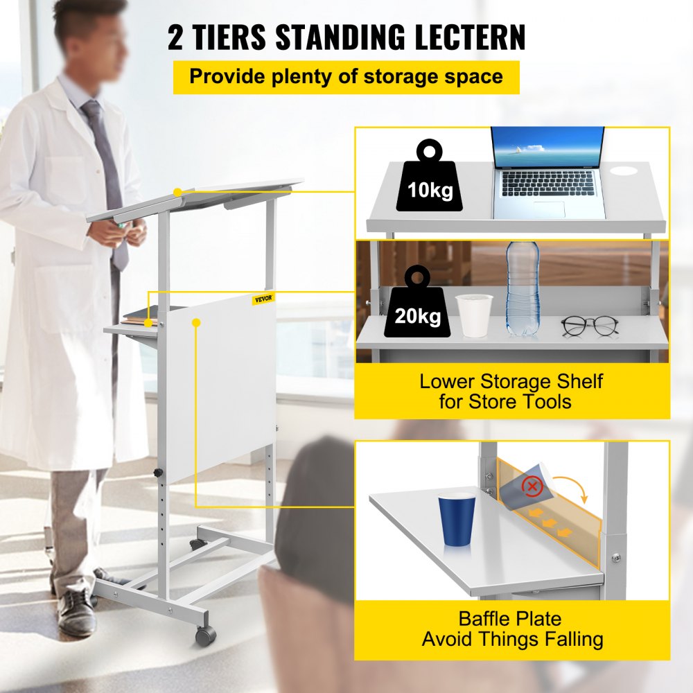 VEVOR stand up lectern with dual-tier storage shelves and baffle plate to prevent falls.