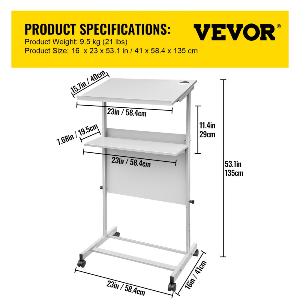 VEVOR stand up lectern with wheels, dimensions: 41 x 58.4 x 135 cm, weight 9.5 kg.
