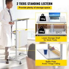 VEVOR Stand Up Lectern, Height Adjustment Portable Pulpit, Lectern Podium with 4 Rolling Casters, Lower Storage Shelf Floor Lectern Podium, White Lecterns & Podiums for Classroom, Concert, Church
