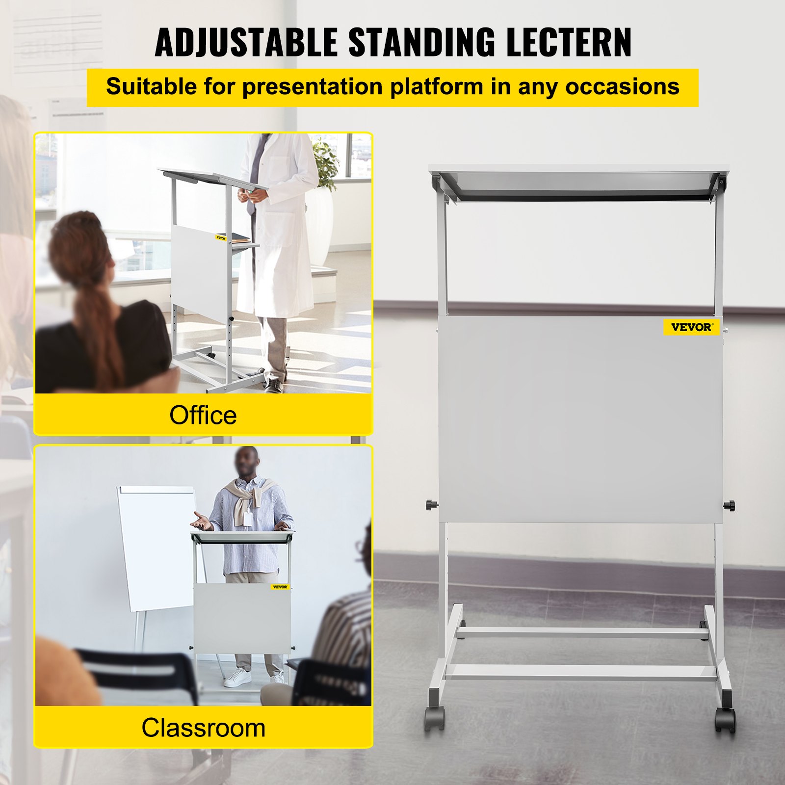 VEVOR stand up lectern used in office and classroom settings for presentations.