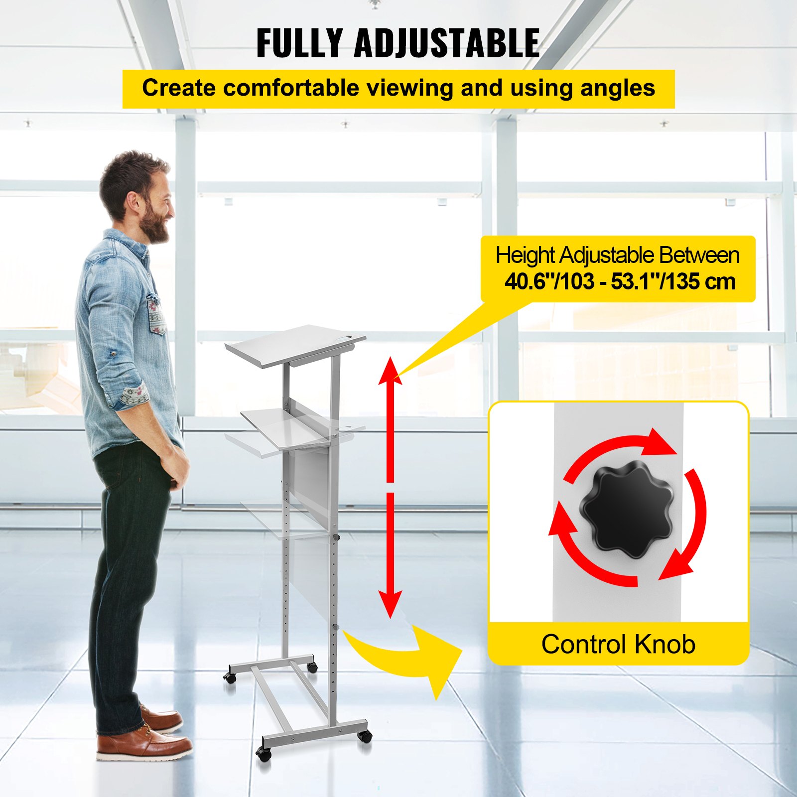 VEVOR stand up lectern with adjustable height feature and control knob, standing in a modern room.