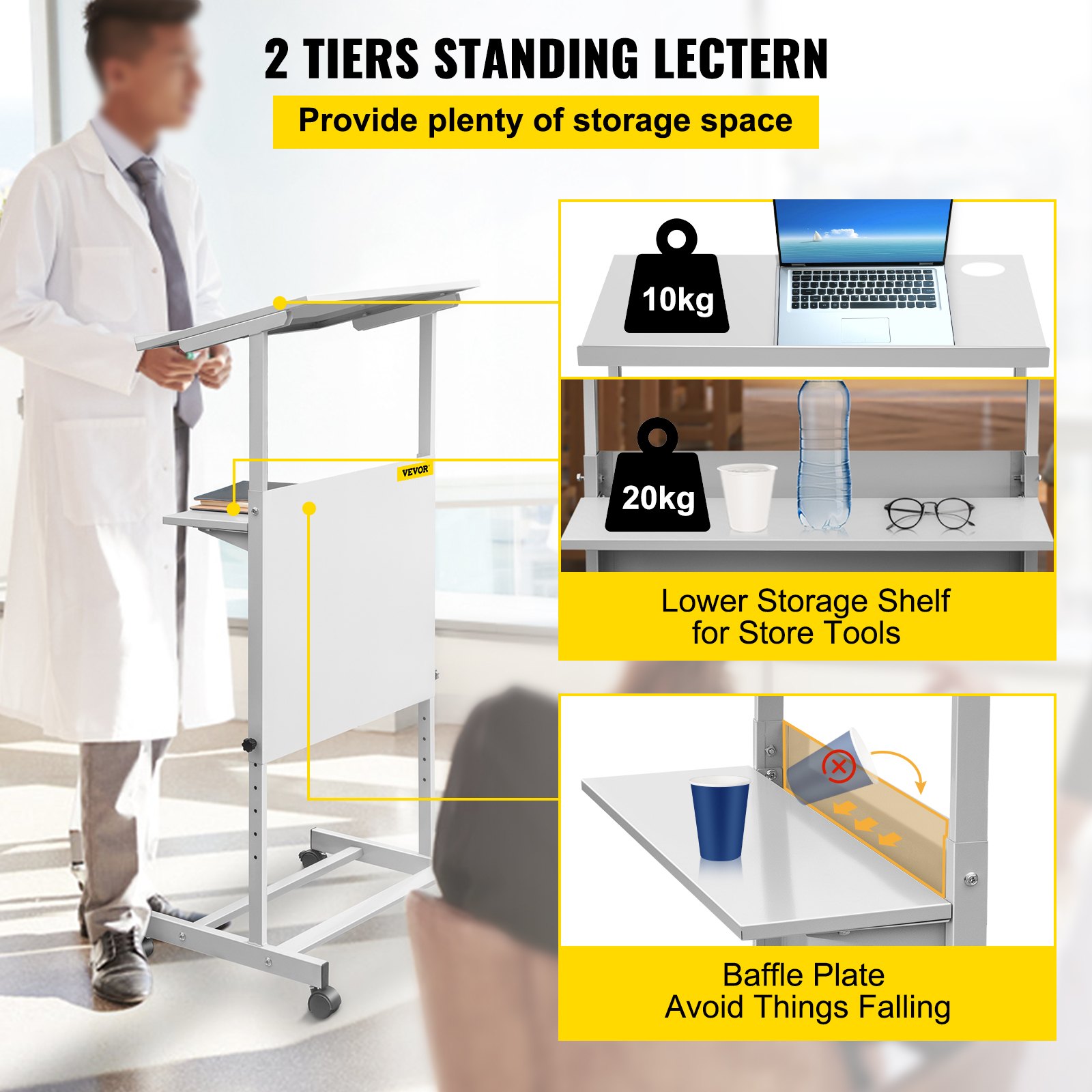 VEVOR stand up lectern with dual-tier storage shelves and baffle plate to prevent falls.