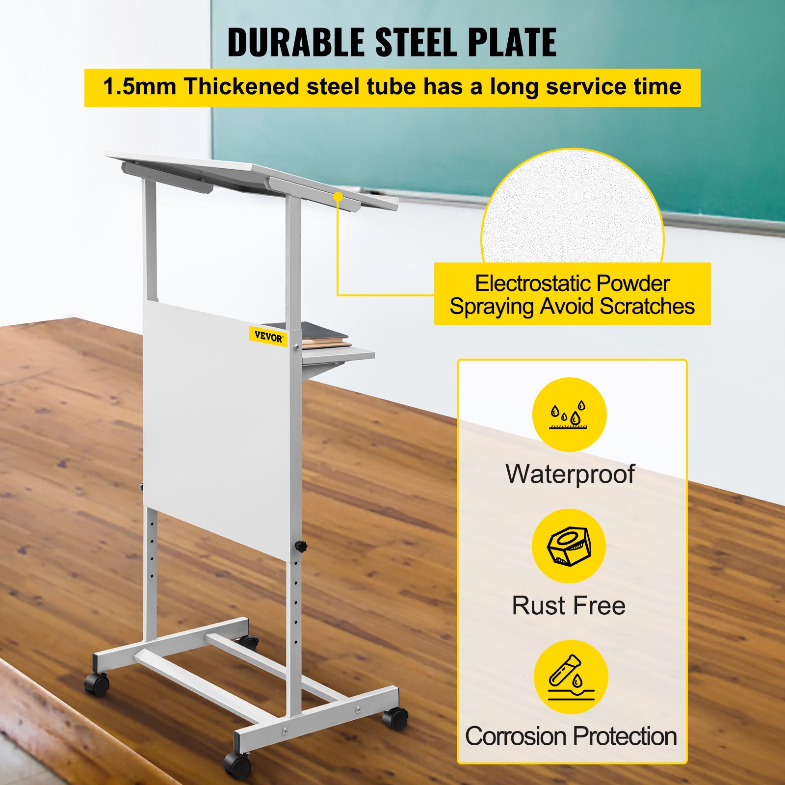 VEVOR stand up lectern with durable steel plate, waterproof, rust-free, and corrosion-resistant.