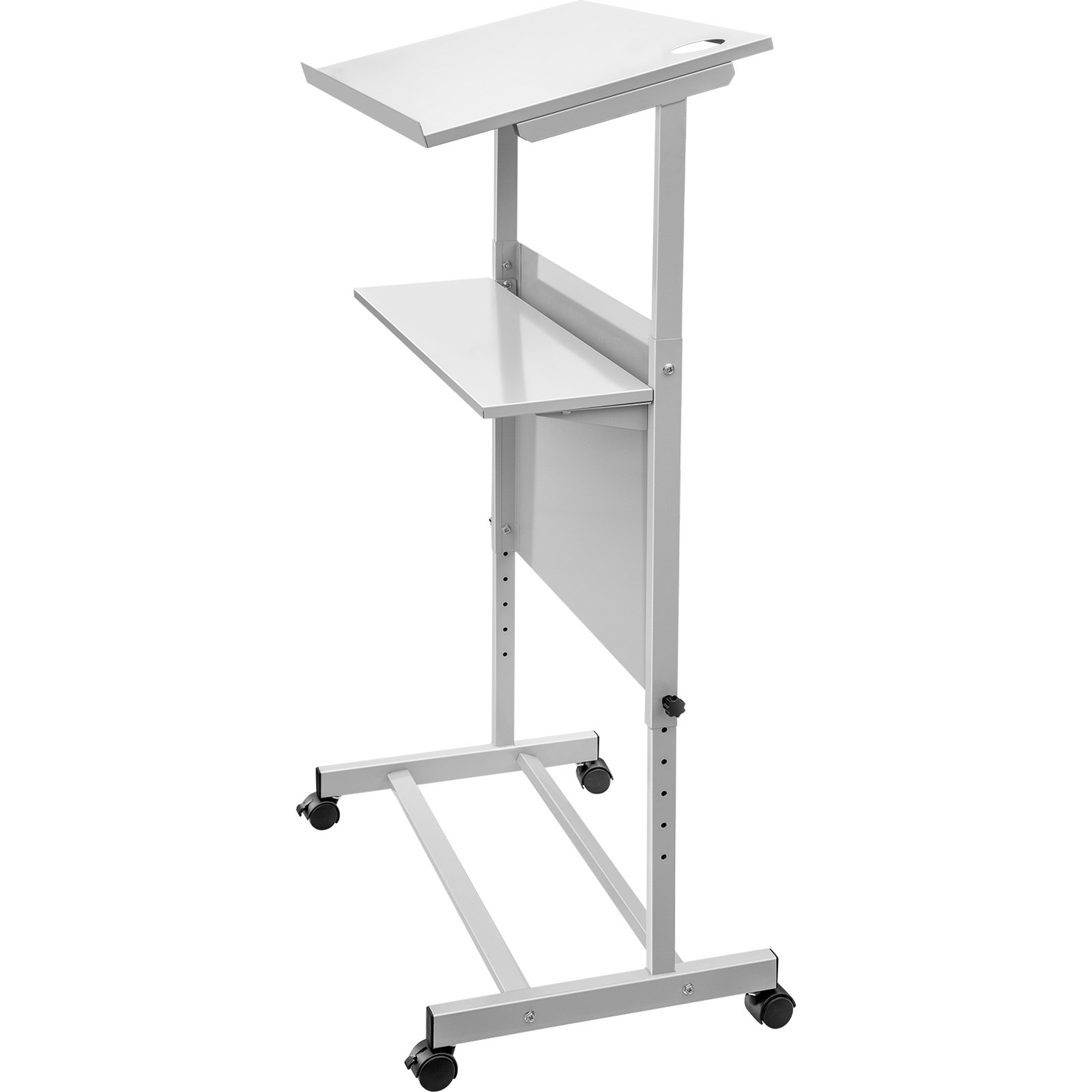 VEVOR stand up lectern with wheels and two white adjustable shelves.
