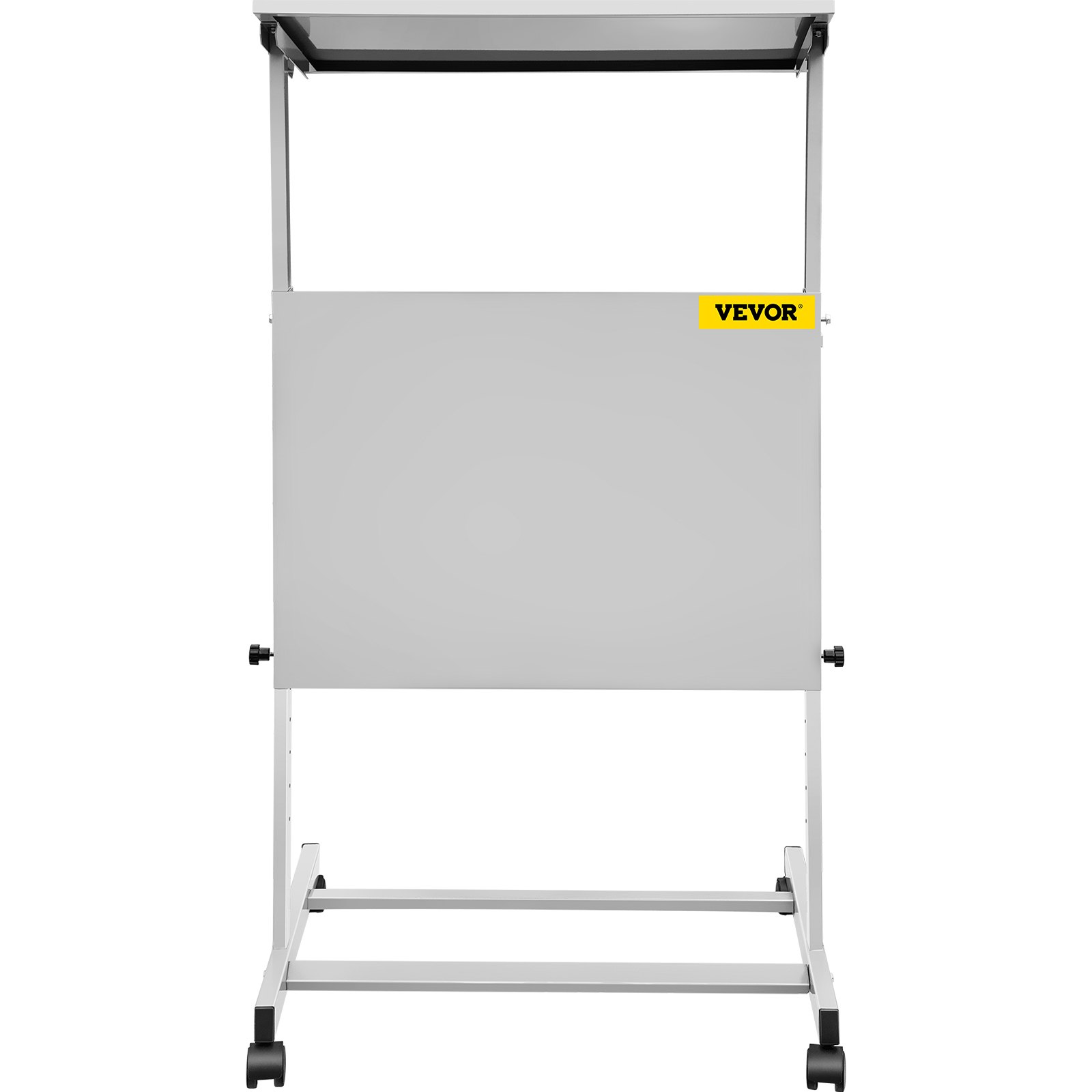VEVOR stand up lectern with adjustable height and wheeled base in a white finish.