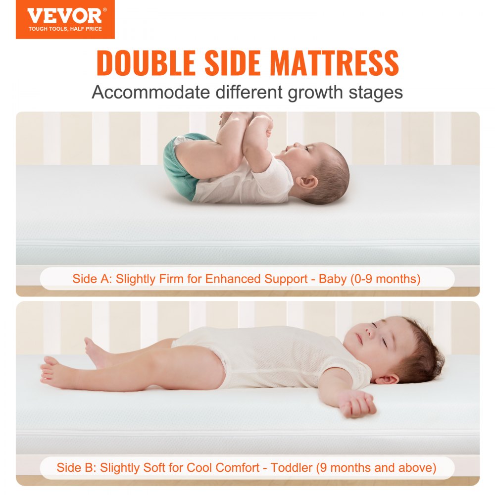VEVOR Crib Mattress Two-Sided Breathable Toddler Mattress of Memory Foam Baby Mattress for Infant and Toddler with 2 Waterproof Covers for