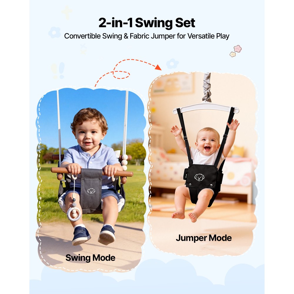 VEVOR Toddler Swing and Jumper, 2 in 1 Swing Set and Bouncer, Soft Cushion with Foldable A-Frame Metal Stand, Heavy-Duty Thick Ropes, Easy to Install and Store, for Indoor or Outdoor Play, Black