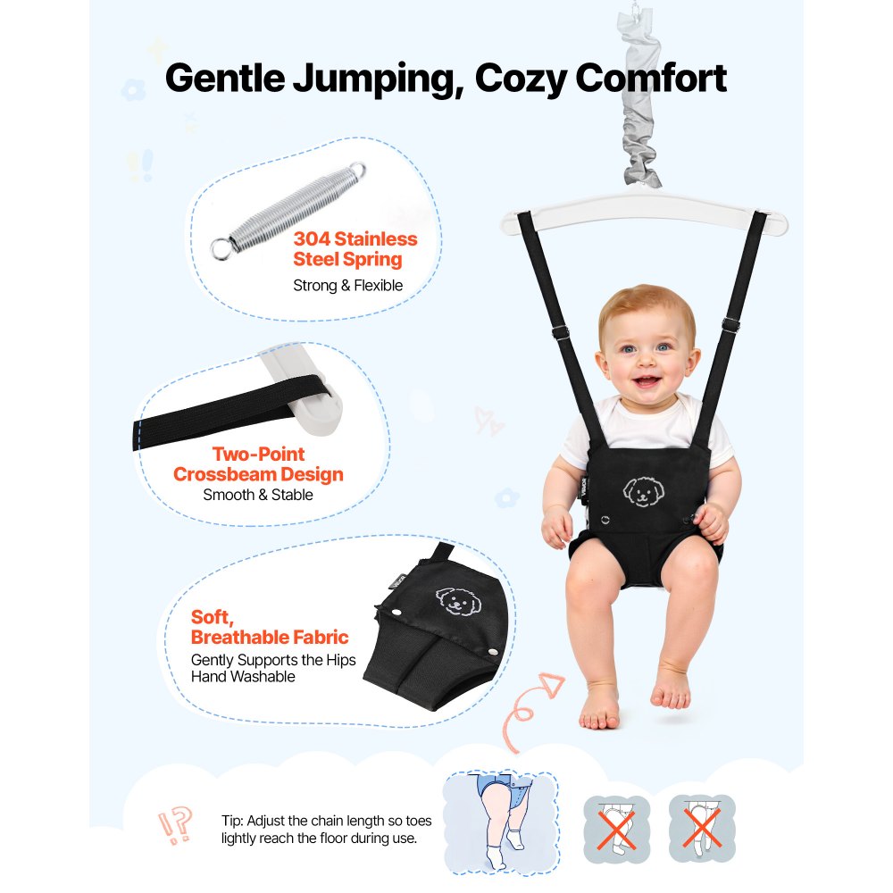VEVOR Toddler Swing and Jumper, 2 in 1 Swing Set and Bouncer, Soft Cushion with Foldable A-Frame Metal Stand, Heavy-Duty Thick Ropes, Easy to Install and Store, for Indoor or Outdoor Play, Black