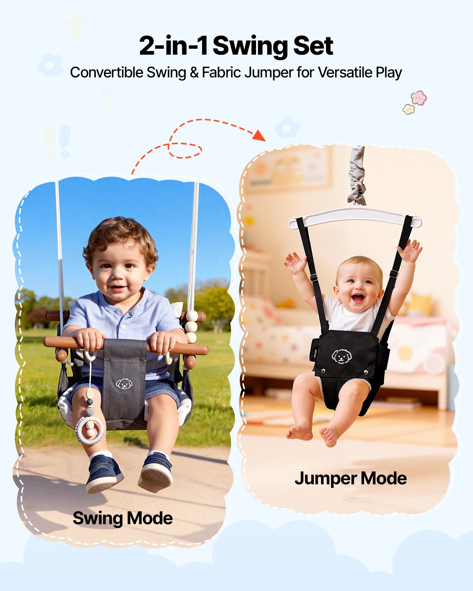 VEVOR Toddler Swing and Jumper, 2 in 1 Swing Set and Bouncer, Soft Cushion with Foldable A-Frame Metal Stand, Heavy-Duty Thick Ropes, Easy to Install and Store, for Indoor or Outdoor Play, Black