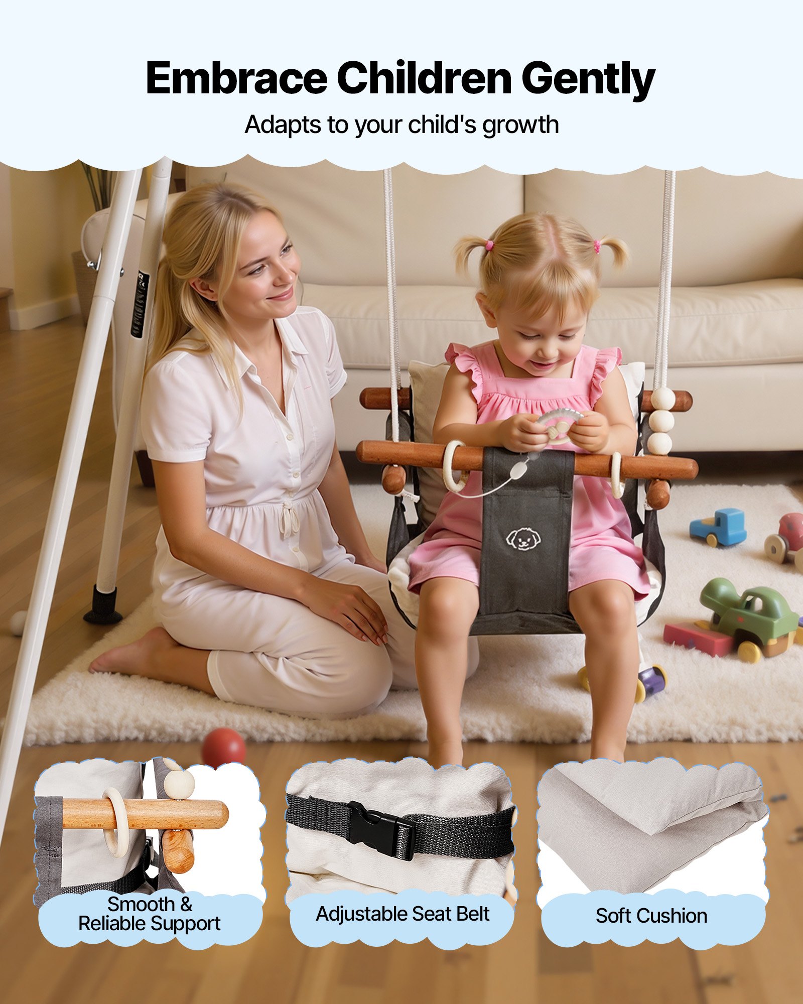 VEVOR Toddler Swing and Jumper, 2 in 1 Swing Set and Bouncer, Soft Cushion with Foldable A-Frame Metal Stand, Heavy-Duty Thick Ropes, Easy to Install and Store, for Indoor or Outdoor Play, Black