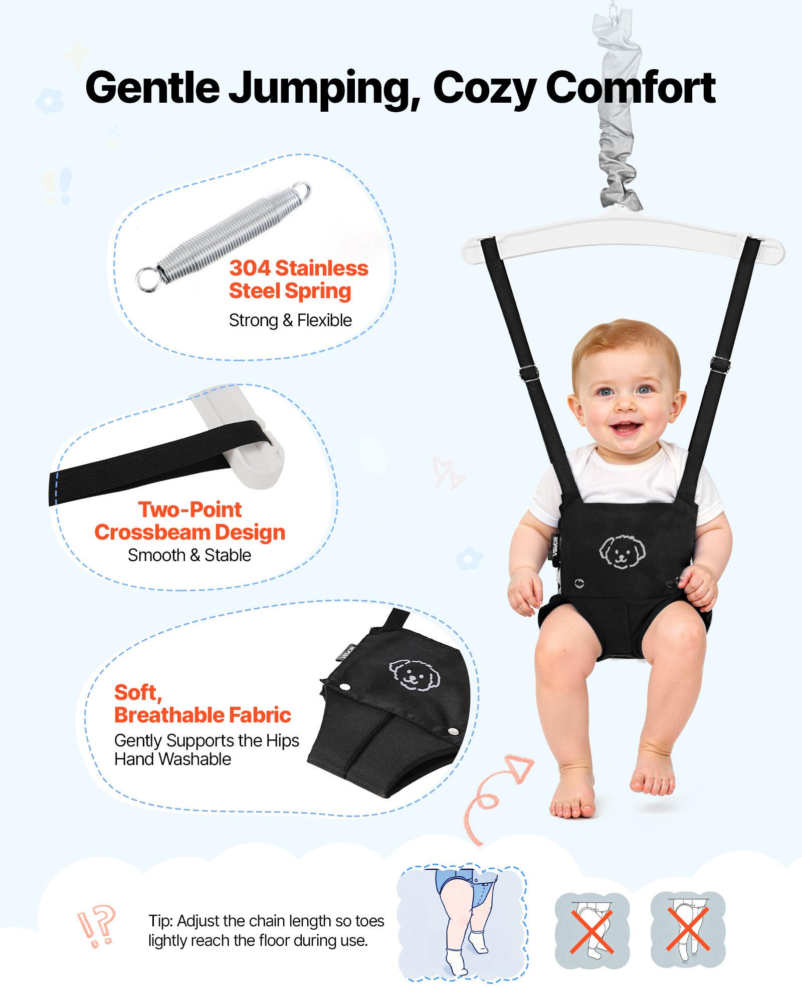 VEVOR Toddler Swing and Jumper, 2 in 1 Swing Set and Bouncer, Soft Cushion with Foldable A-Frame Metal Stand, Heavy-Duty Thick Ropes, Easy to Install and Store, for Indoor or Outdoor Play, Black