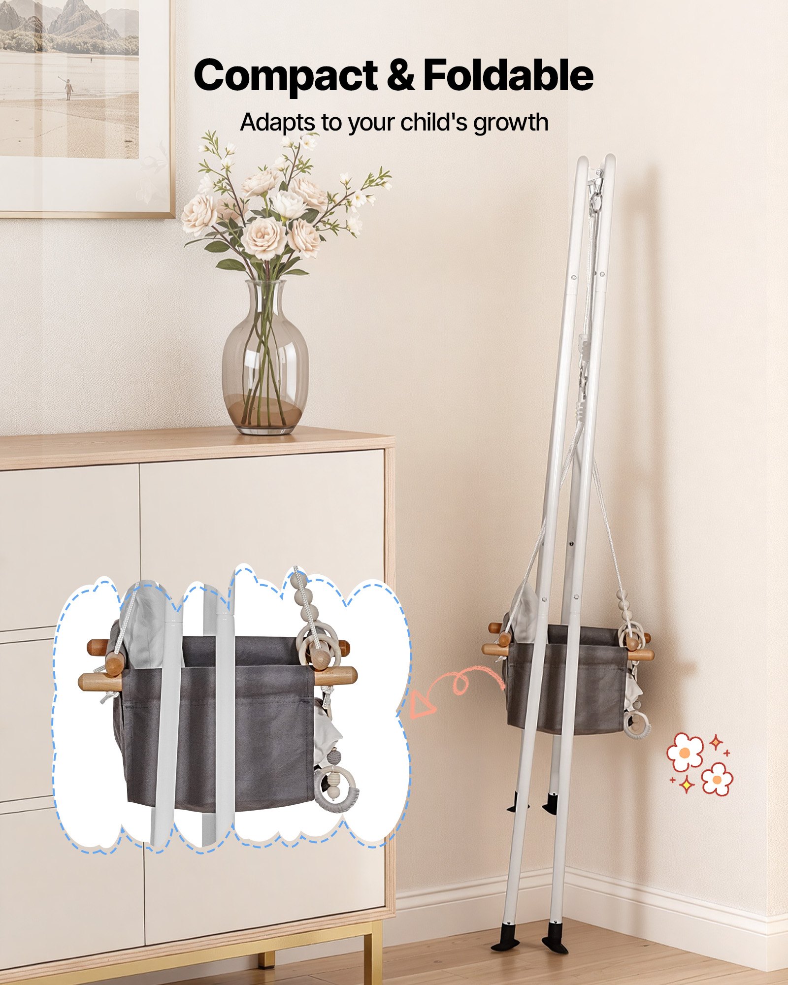 VEVOR Toddler Swing and Jumper, 2 in 1 Swing Set and Bouncer, Soft Cushion with Foldable A-Frame Metal Stand, Heavy-Duty Thick Ropes, Easy to Install and Store, for Indoor or Outdoor Play, Black