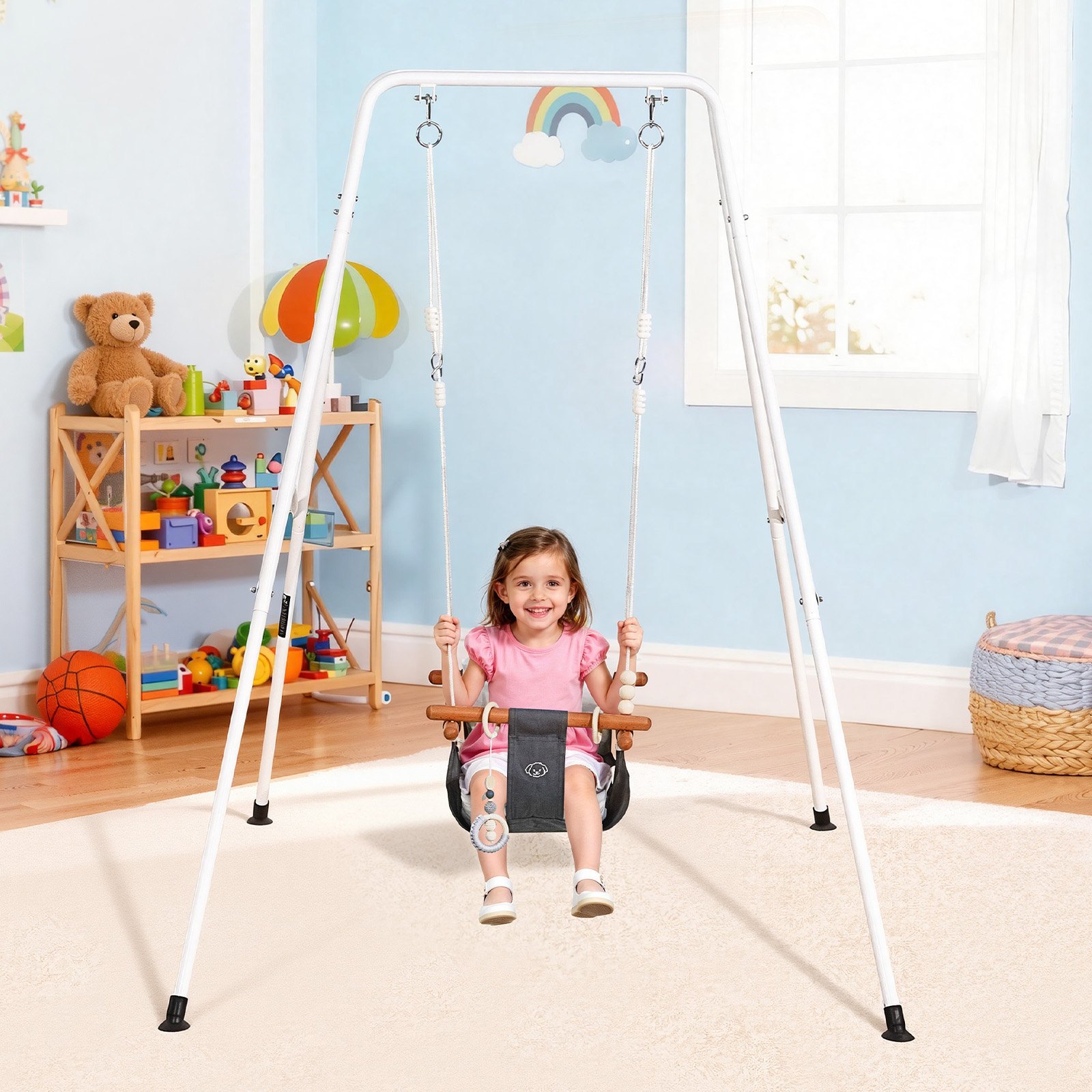 VEVOR Toddler Swing and Jumper, 2 in 1 Swing Set and Bouncer, Soft Cushion with Foldable A-Frame Metal Stand, Heavy-Duty Thick Ropes, Easy to Install and Store, for Indoor or Outdoor Play, Black