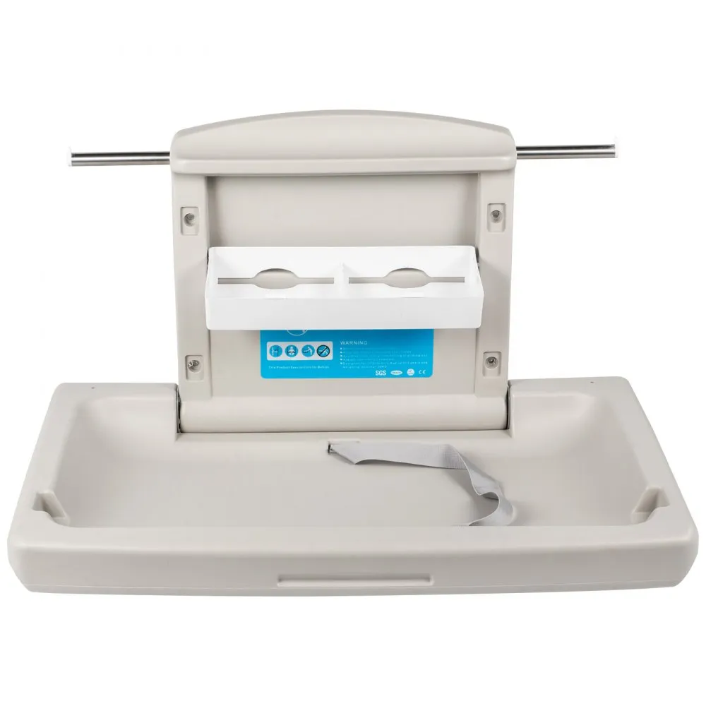 wall-mounted VEVOR baby changing table with safety strap and storage shelf