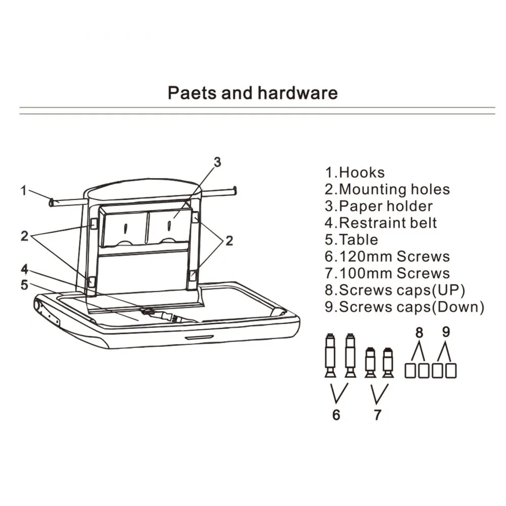 VEVOR baby changing table parts including hooks, screws, and paper holder.