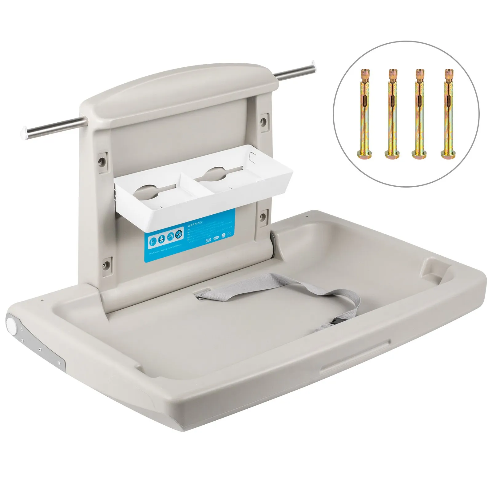 VEVOR baby changing table with safety strap, storage shelf, and mounting hardware.