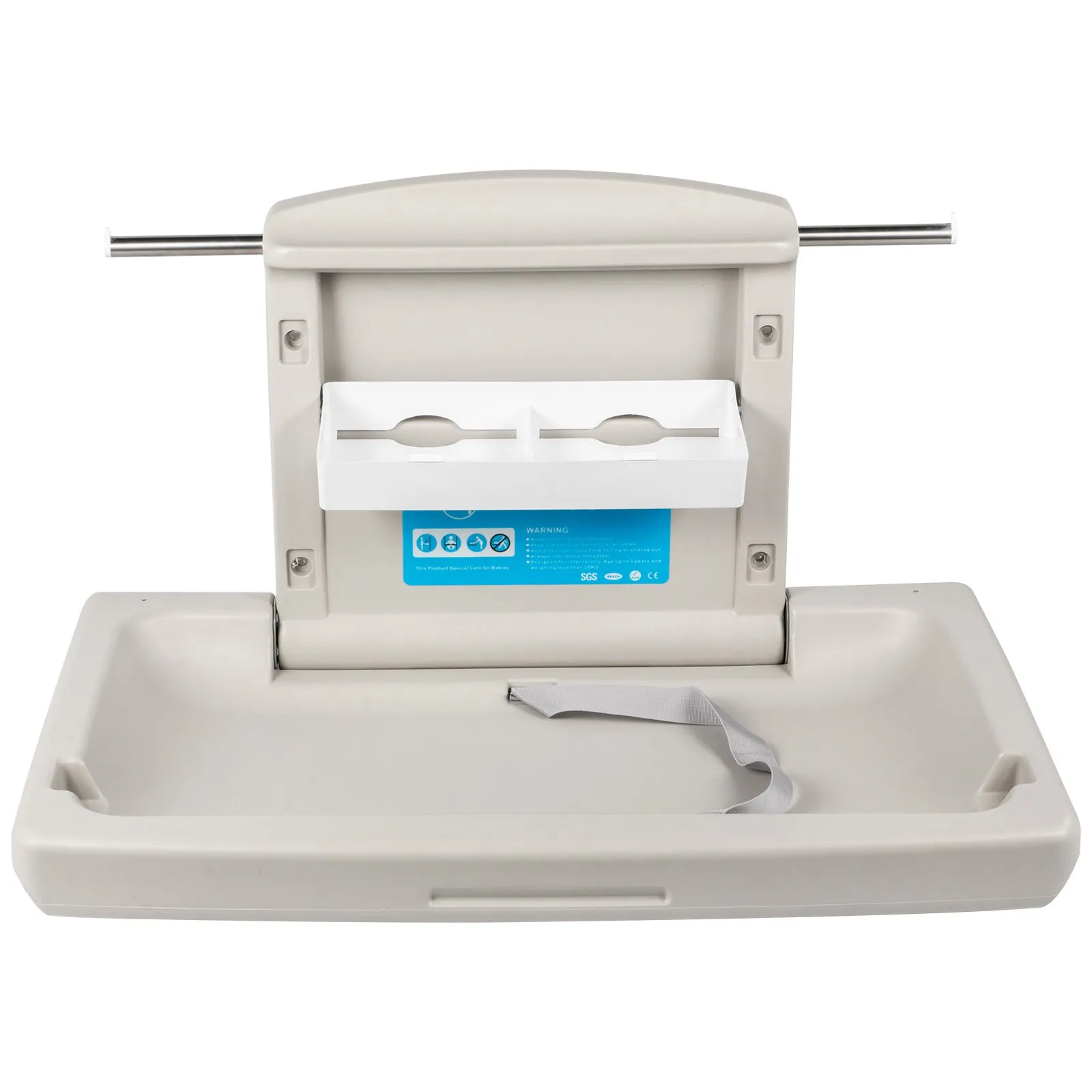 wall-mounted VEVOR baby changing table with safety strap and storage shelf