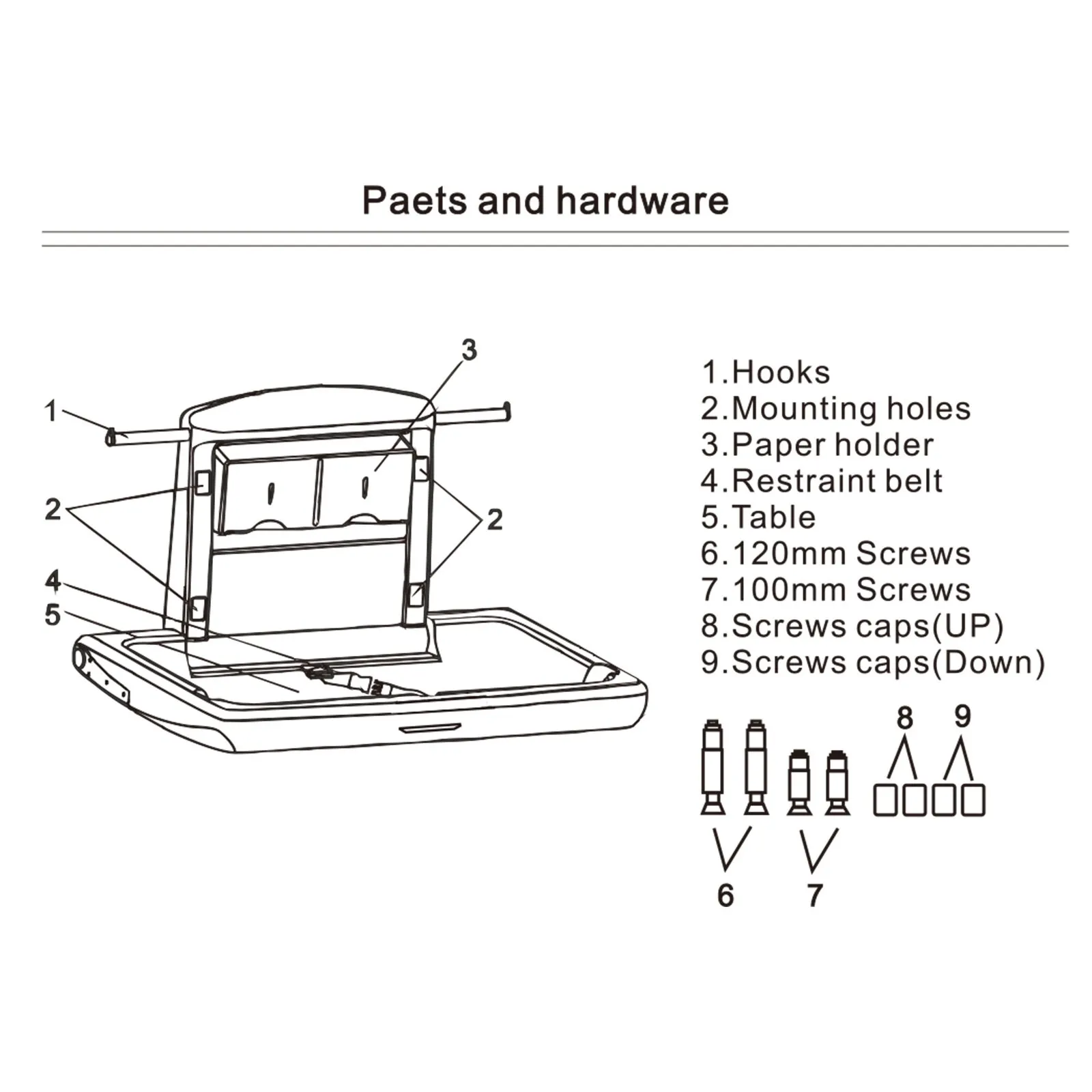 VEVOR baby changing table parts including hooks, screws, and paper holder.