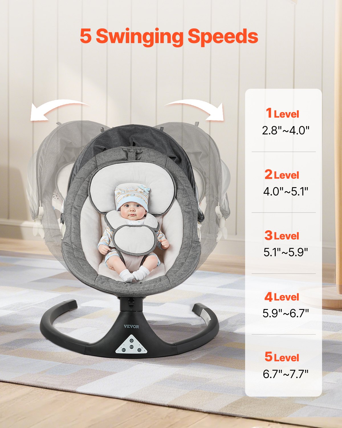 VEVOR Baby Swing, 5-Speed Baby Rocker with 3 Seat Position, Portable Infant Swing for Newborn with PVC Touch Panel, Remote Control, Bluetooth, 10 Lullabies & Toy Bar for 0-9 Month/0-20 lbs Boys Girls