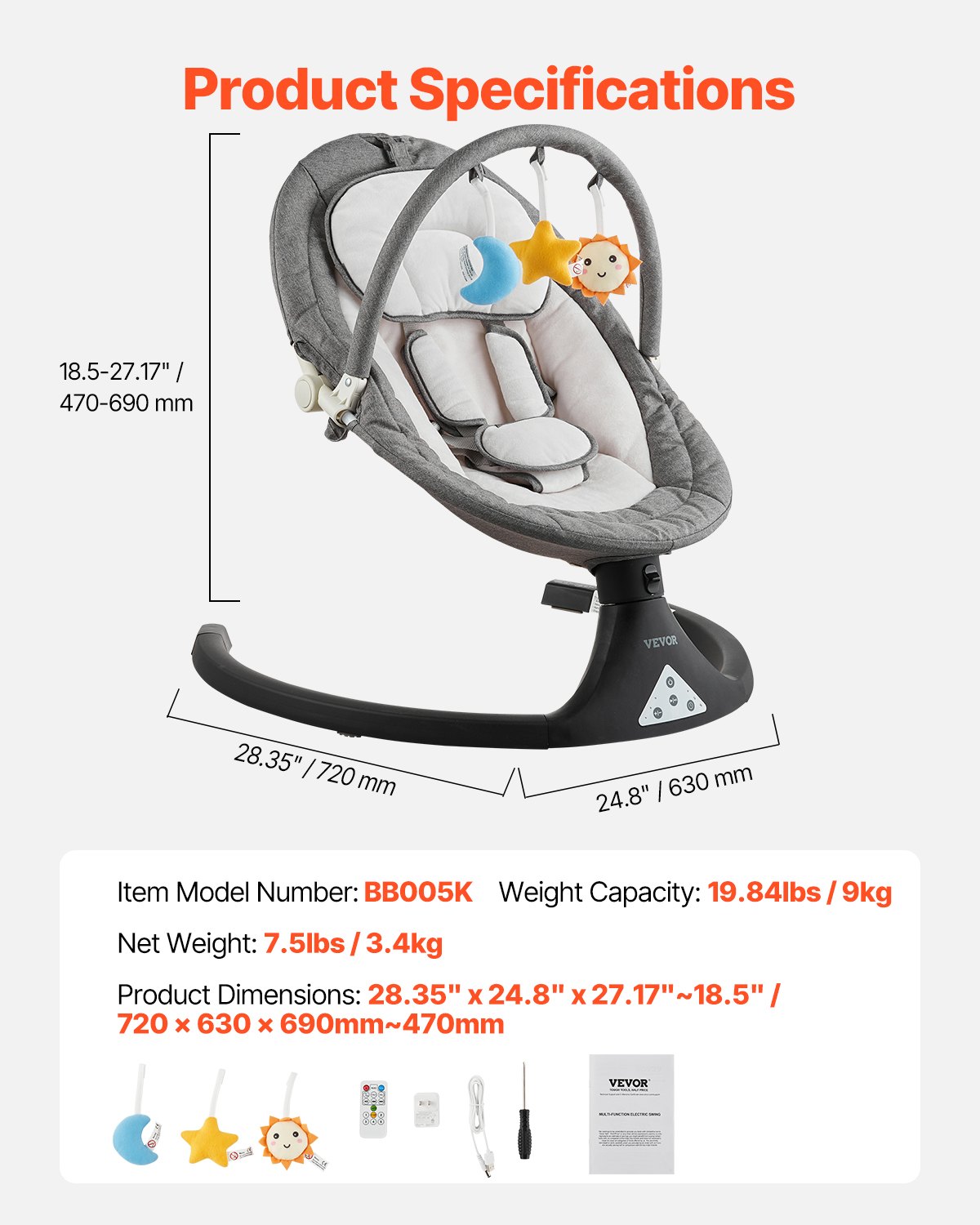 VEVOR Baby Swing, 5-Speed Baby Rocker with 3 Seat Position, Portable Infant Swing for Newborn with PVC Touch Panel, Remote Control, Bluetooth, 10 Lullabies & Toy Bar for 0-9 Month/0-20 lbs Boys Girls