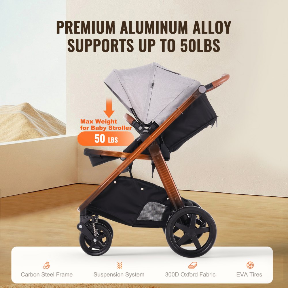 VEVOR Travel System Stroller with Infant Bassinet, 2-in-1 Baby Cradle Stroller Combo, Reversible Seat, Easy One-button Folding, EVA Tires with Brake Aluminum Stroller Carseat Combo Set (Light Gray)