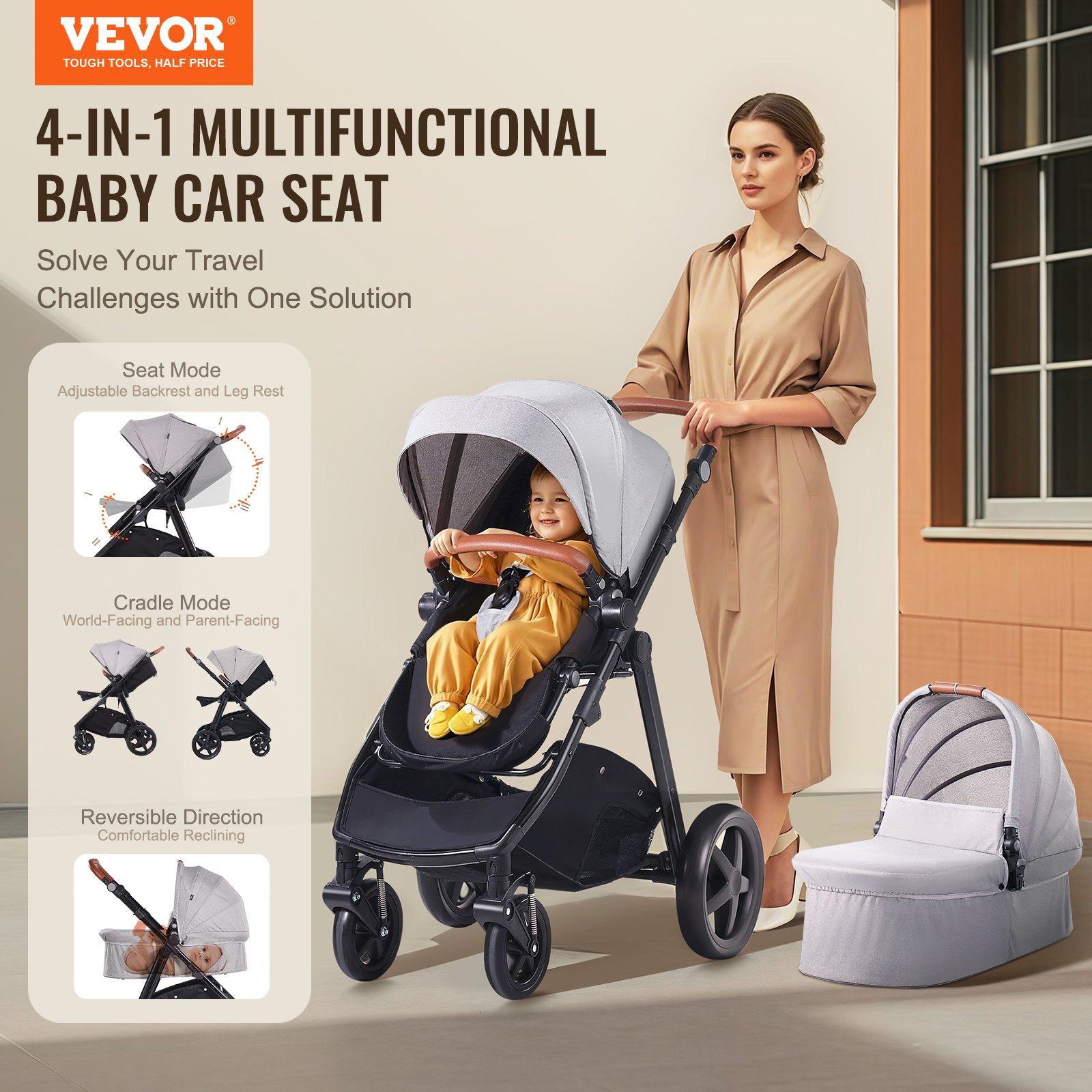 VEVOR Travel System Stroller with Infant Bassinet, 2-in-1 Baby Cradle Stroller Combo, Reversible Seat, Easy One-button Folding, EVA Tires with Brake Aluminum Stroller Carseat Combo Set (Light Gray)