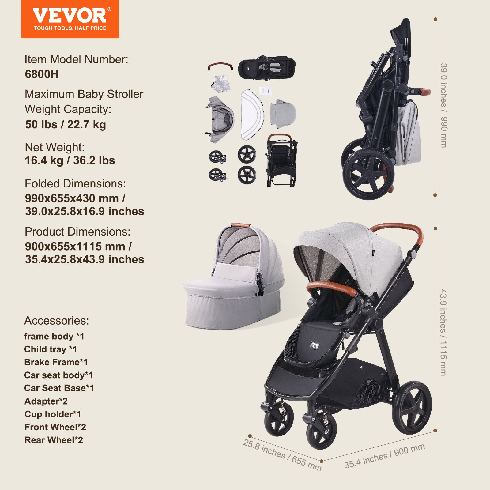 VEVOR Travel System Stroller with Infant Bassinet, 2-in-1 Baby Cradle Stroller Combo, Reversible Seat, Easy One-button Folding, EVA Tires with Brake Aluminum Stroller Carseat Combo Set (Light Gray)