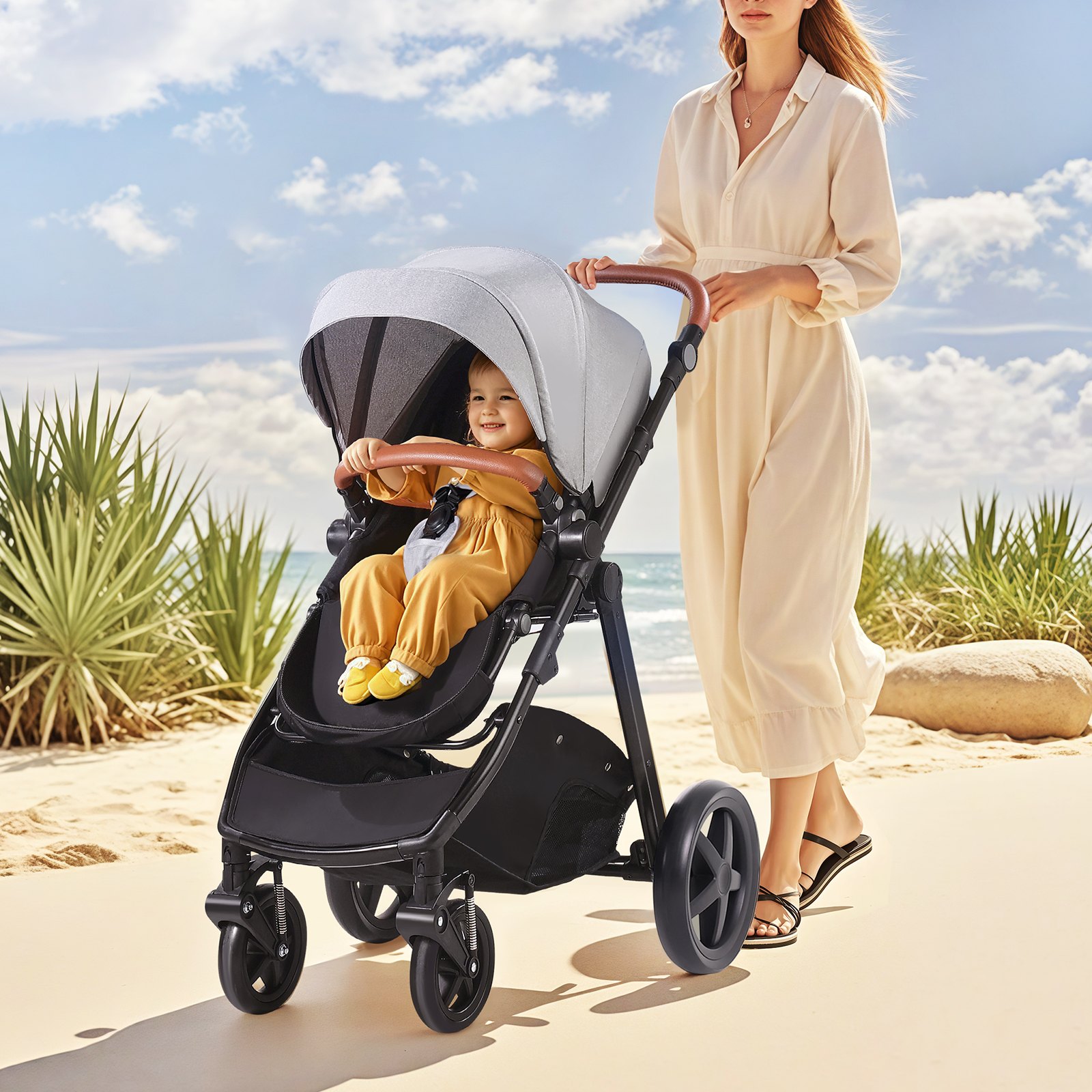 VEVOR Travel System Stroller with Infant Bassinet, 2-in-1 Baby Cradle Stroller Combo, Reversible Seat, Easy One-button Folding, EVA Tires with Brake Aluminum Stroller Carseat Combo Set (Light Gray)