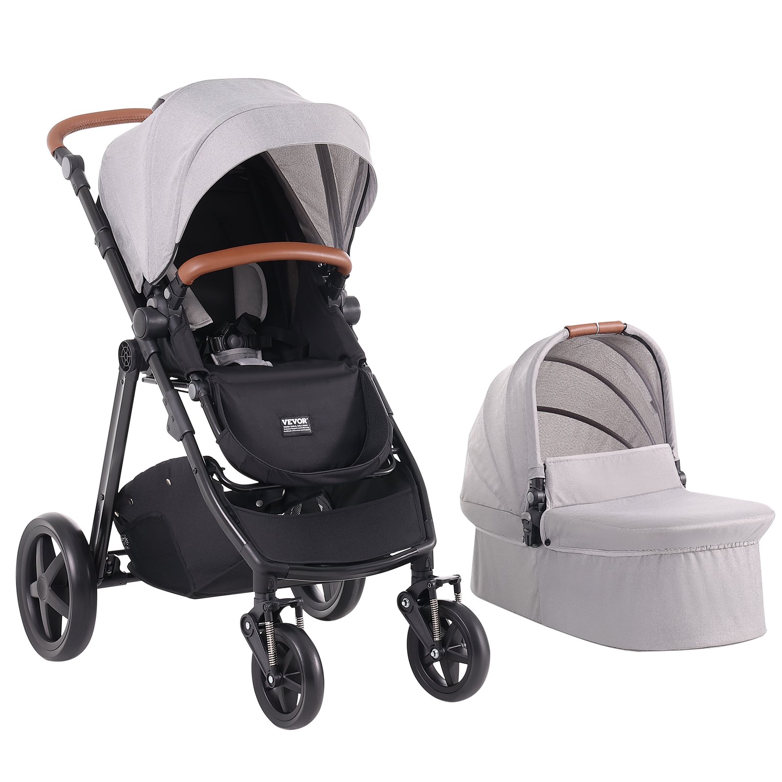 VEVOR Travel System Stroller with Infant Bassinet, 2-in-1 Baby Cradle Stroller Combo, Reversible Seat, Easy One-button Folding, EVA Tires with Brake Aluminum Stroller Carseat Combo Set (Light Gray)