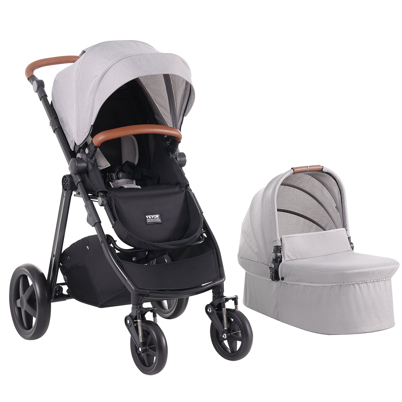VEVOR Travel System Stroller with Infant Bassinet, 2-in-1 Baby Cradle Stroller Combo, Reversible Seat, Easy One-button Folding, EVA Tires with Brake Aluminum Stroller Carseat Combo Set (Light Gray)
