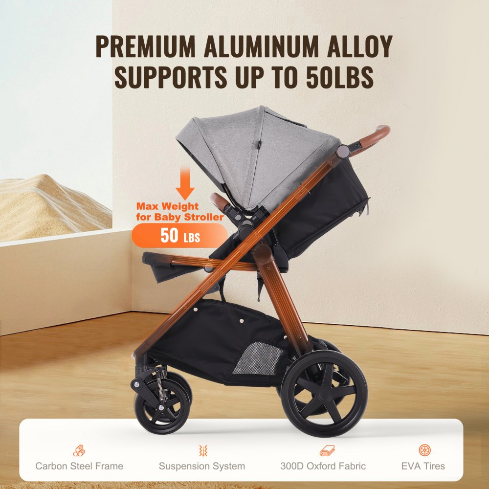 VEVOR Travel System Stroller with Infant Bassinet, 2-in-1 Baby Cradle Stroller Combo, Reversible Seat, Easy One-button Folding, EVA Tires with Brake Aluminum Stroller Carseat Combo Set (Dark Gray)
