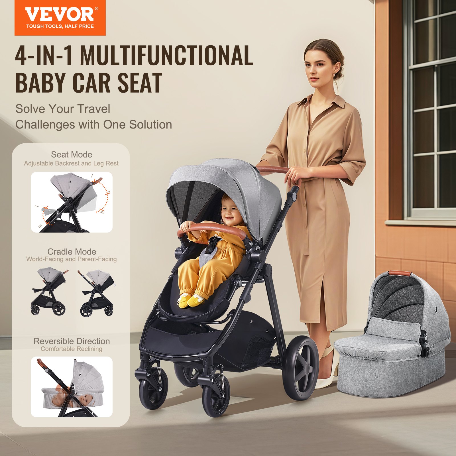 VEVOR Travel System Stroller with Infant Bassinet, 2-in-1 Baby Cradle Stroller Combo, Reversible Seat, Easy One-button Folding, EVA Tires with Brake Aluminum Stroller Carseat Combo Set (Dark Gray)