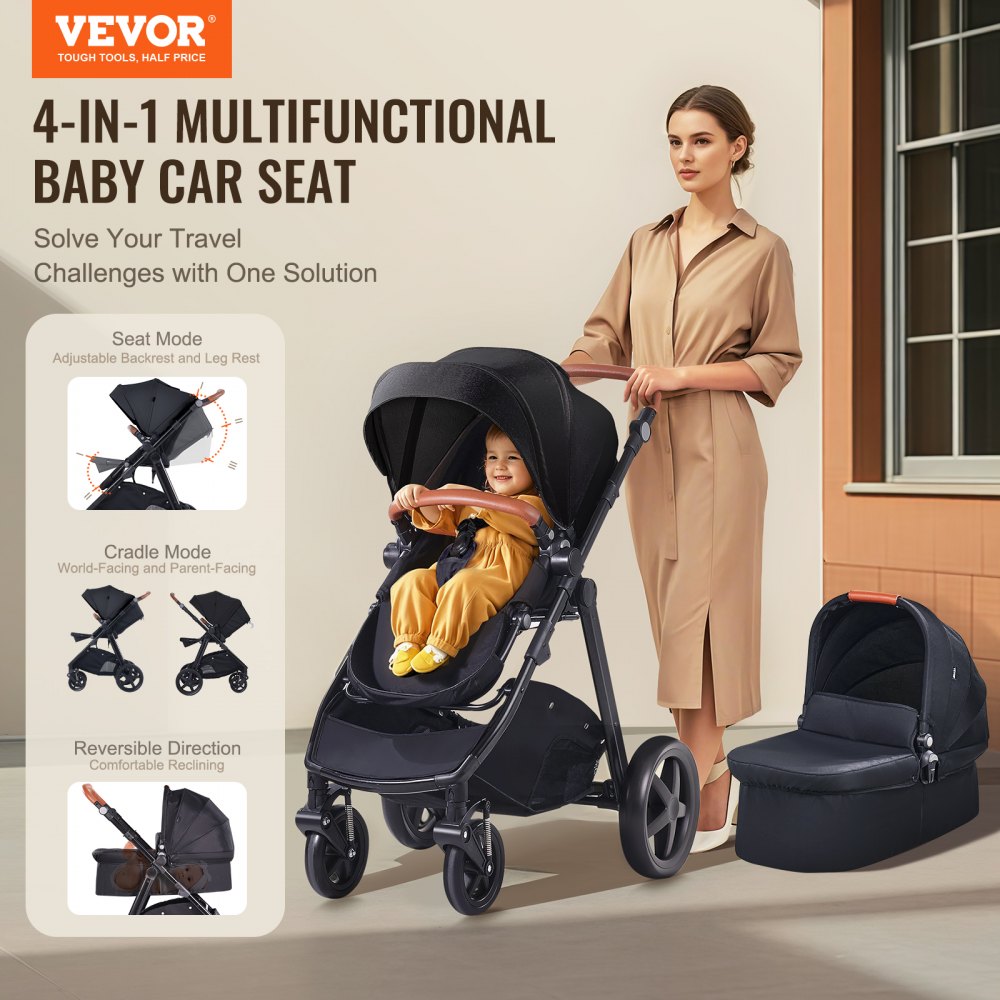 VEVOR Travel System Stroller with Infant Bassinet, 2-in-1 Baby Cradle Stroller Combo, Reversible Seat, Easy One-button Folding, EVA Tires with Brake Aluminum Stroller Carseat Combo Set (Black)