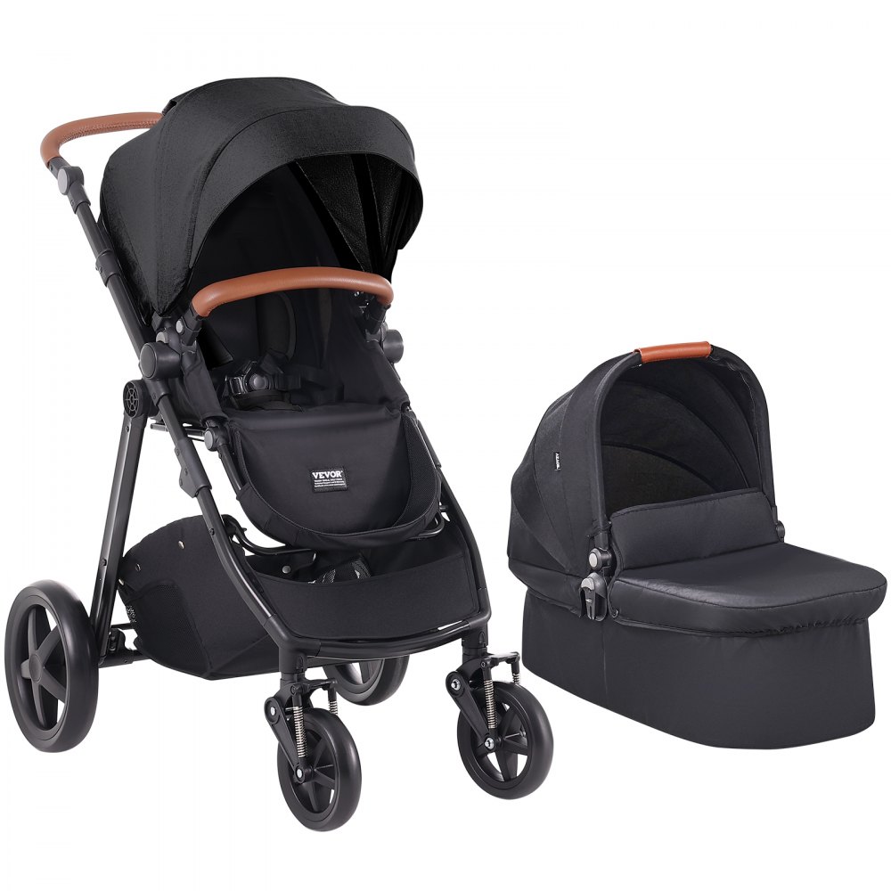 VEVOR Travel System Stroller with Infant Bassinet, 2-in-1 Baby Cradle Stroller Combo, Reversible Seat, Easy One-button Folding, EVA Tires with Brake Aluminum Stroller Carseat Combo Set (Black)