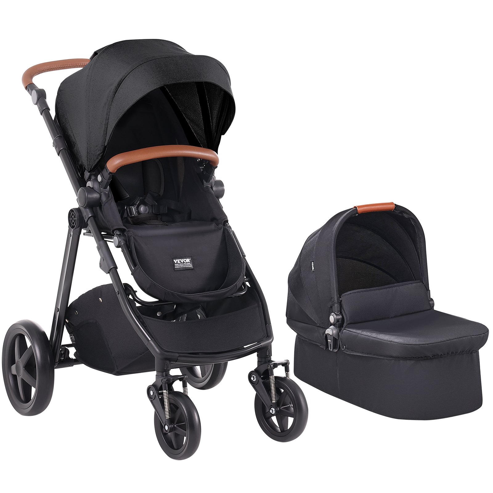 VEVOR Travel System Stroller with Infant Bassinet, 2-in-1 Baby Cradle Stroller Combo, Reversible Seat, Easy One-button Folding, EVA Tires with Brake Aluminum Stroller Carseat Combo Set (Black)
