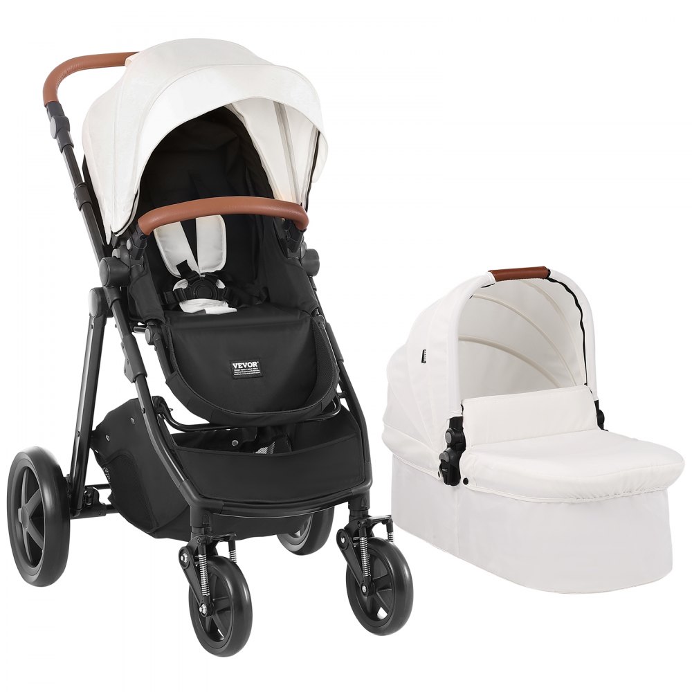 VEVOR Travel System Stroller with Infant Bassinet, 2-in-1 Baby Cradle Stroller Combo, Reversible Seat, Easy One-button Folding, EVA Tires with Brake Aluminum Stroller Carseat Combo Set (White)