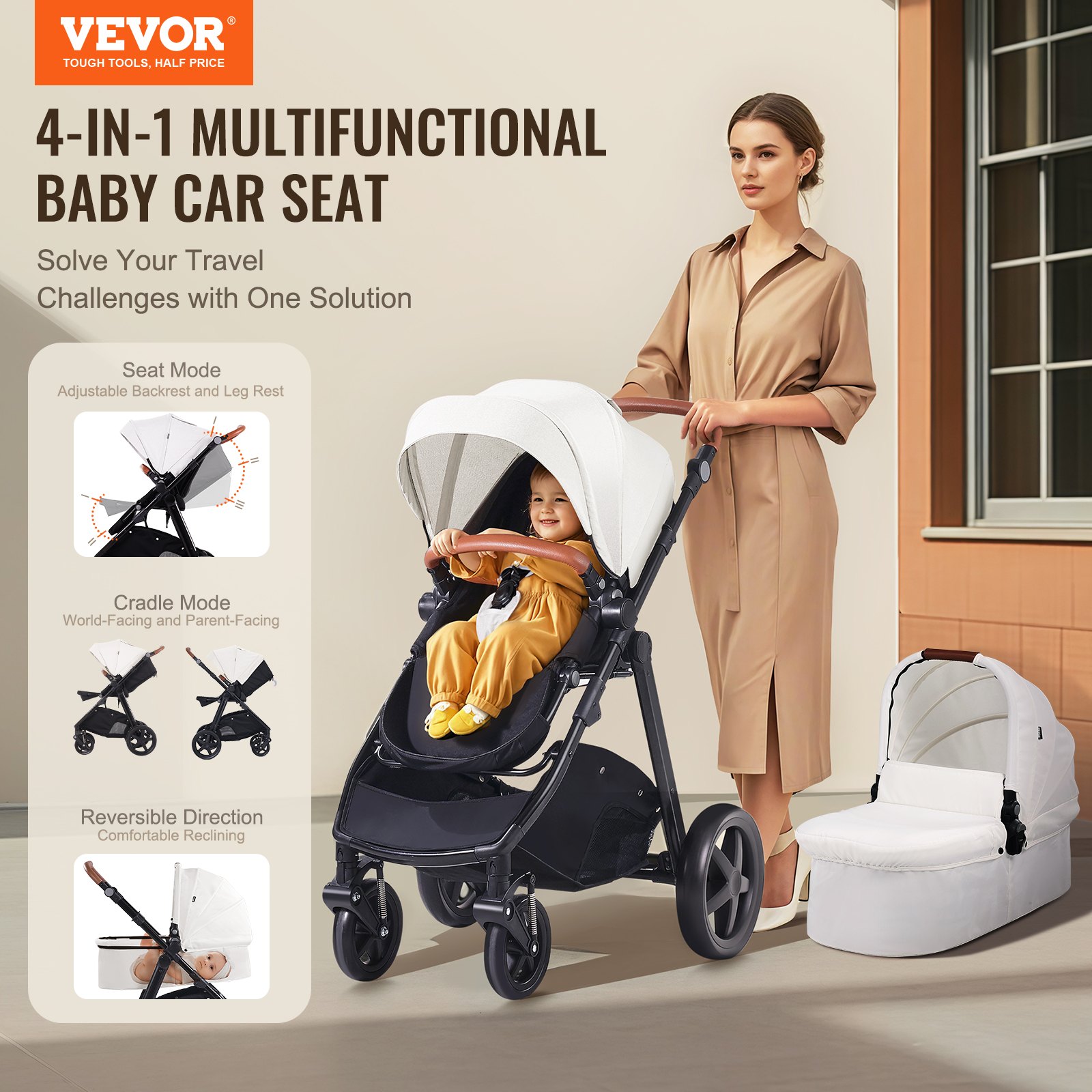 VEVOR Travel System Stroller with Infant Bassinet, 2-in-1 Baby Cradle Stroller Combo, Reversible Seat, Easy One-button Folding, EVA Tires with Brake Aluminum Stroller Carseat Combo Set (White)