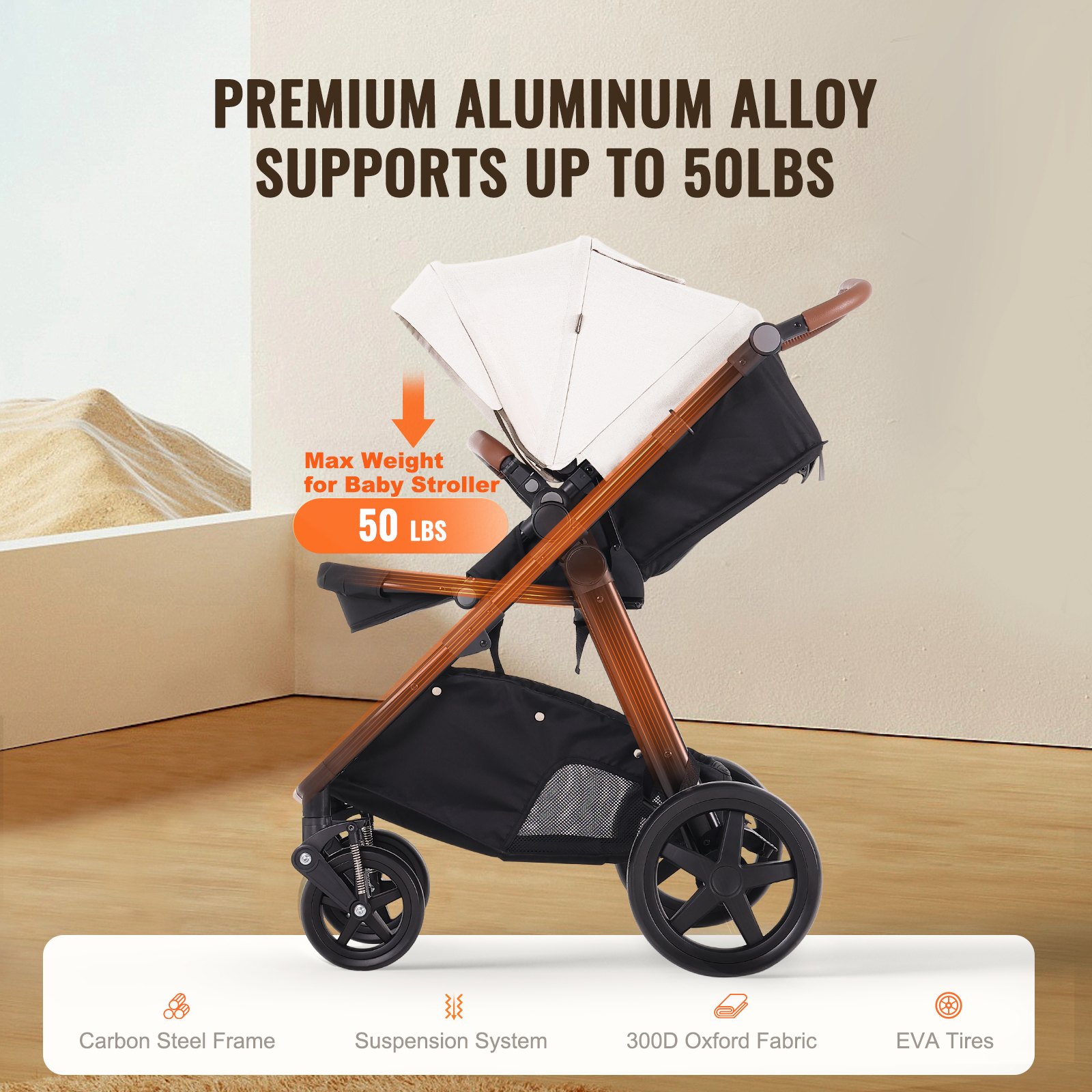VEVOR Travel System Stroller with Infant Bassinet, 2-in-1 Baby Cradle Stroller Combo, Reversible Seat, Easy One-button Folding, EVA Tires with Brake Aluminum Stroller Carseat Combo Set (White)